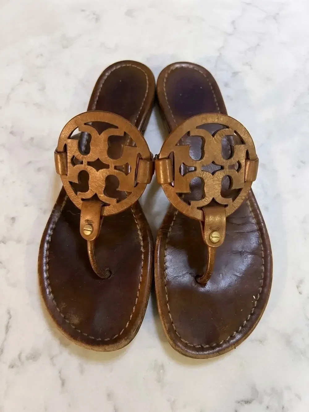 Tory Burch Womens Leather Miller Slip-On Thong Flat Sandals Brown Size 8